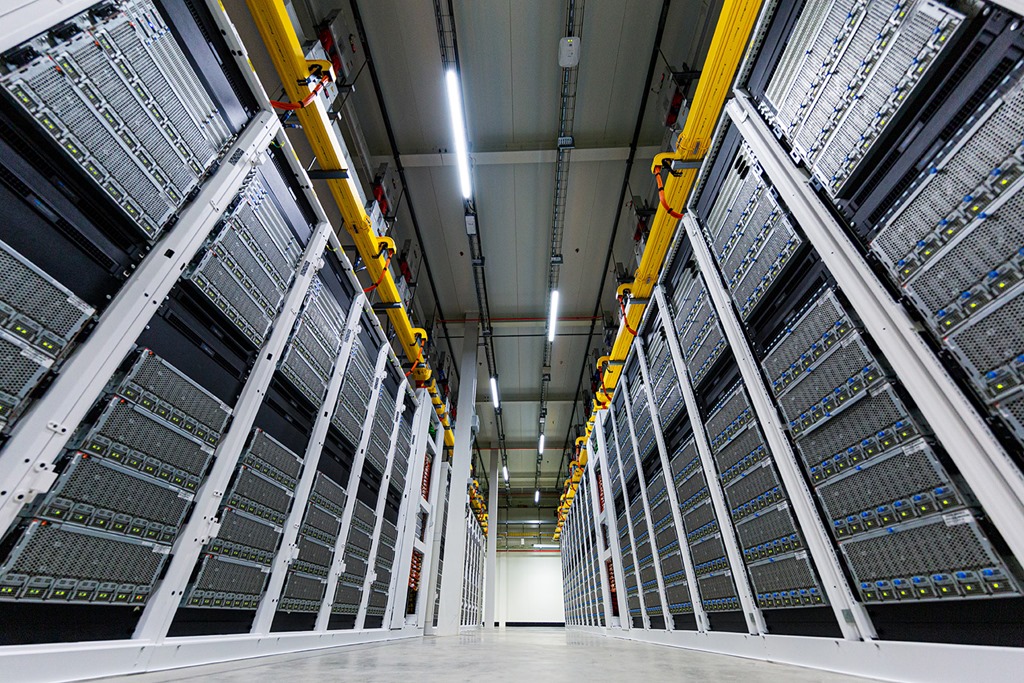 Row of server racks in a datacenter