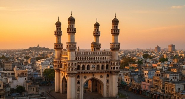 Charminar monument in Hyderabad, India, stands at sunrise, surrounded by city buildings and a golden sky in the background.