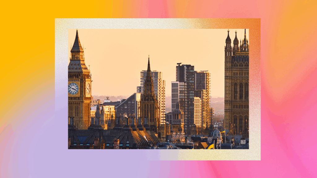 The image shows Big Ben and the Houses of Parliament in London at sunset, with modern high-rise buildings in the background. The scene is bordered by a pastel gradient frame in yellow, orange, pink, and purple hues.