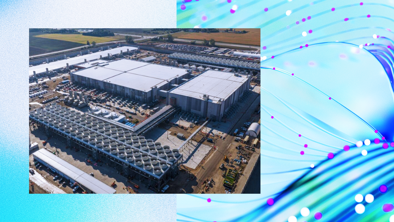 Aerial view of a large industrial facility with multiple buildings, cooling towers, vehicles, and surrounding farmland; abstract blue background with swirling lines and dots.