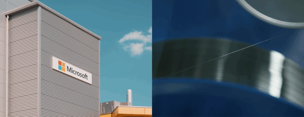 A Microsoft building with the company logo on the left, and a close-up of blue optical data storage tape on the right.