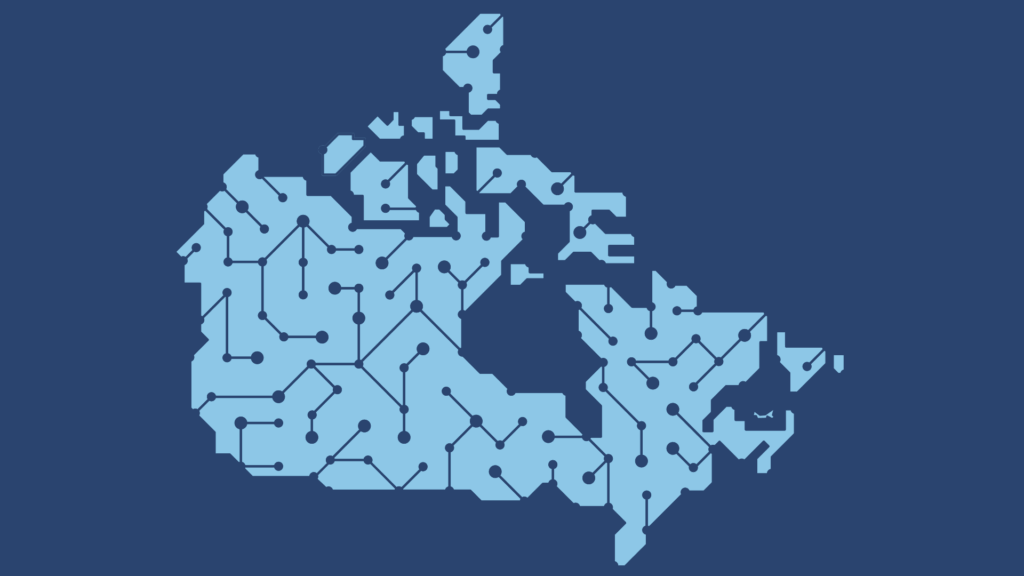 A light blue map of Canada on a dark blue background, stylized with circuit lines and nodes, representing technology or digital connectivity across the country.