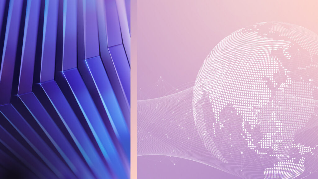 Abstract image with blue, angled, geometric panels on the left and a dotted digital globe with wave-like lines on a soft purple background on the right.