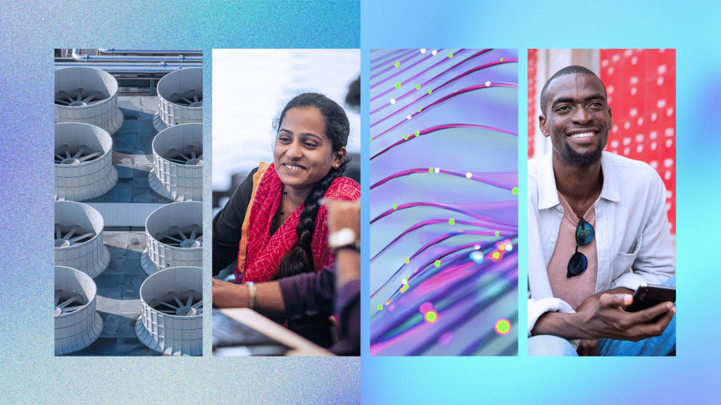 A collage of four images: industrial fans, a woman smiling at a desk, colorful data cables, and a man smiling while holding a phone, all on a blue gradient background.