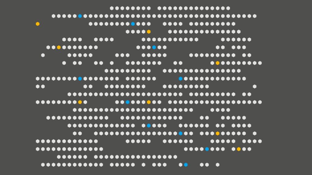 A grid of evenly spaced white dots on a dark gray background, with a few dots colored yellow or blue scattered throughout the pattern. The colored dots appear at random intervals.