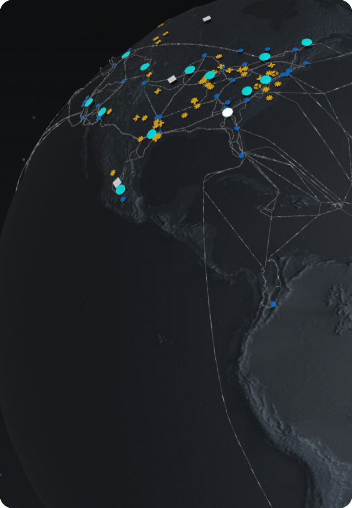 A digital map of North America showing a network of colored nodes and lines, representing connections or data points, on a dark globe with part of South America also visible.