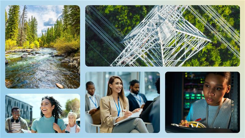 A collage with a river in a forest, an aerial view of power lines over trees, a smiling woman in a seminar, a woman working with computer cables, and a group of diverse people outdoors.