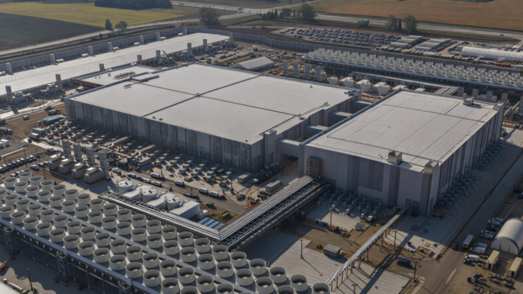 Aerial view of a large industrial facility with multiple rectangular buildings, cooling units, and parked vehicles; fields and more buildings are visible in the background.