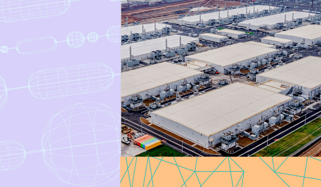 Aerial view of a large industrial complex with multiple white-roofed buildings, adjacent to a pastel purple area with wireframe shapes and a bottom corner with orange and teal geometric patterns.