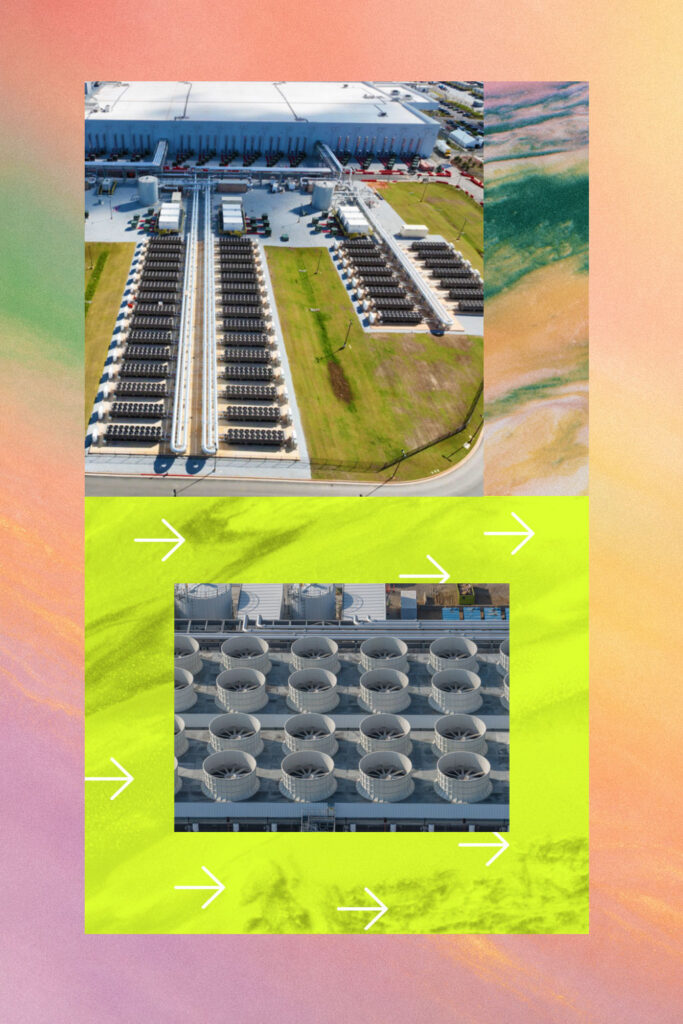 Aerial views of a large data center with rows of servers and cooling fans, displayed on a colorful gradient background with white arrows pointing between the two images.