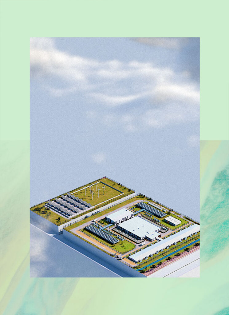 An aerial rendering of a large industrial facility with several buildings, solar panels, wind turbines, green lawns, and trees, surrounded by a white fence under a partly cloudy sky.