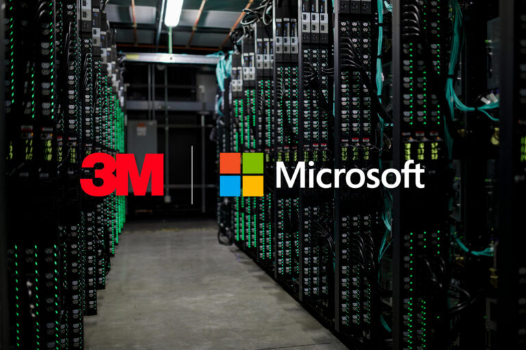 A data center aisle with server racks on both sides, featuring superimposed 3M and Microsoft logos in the center of the image.