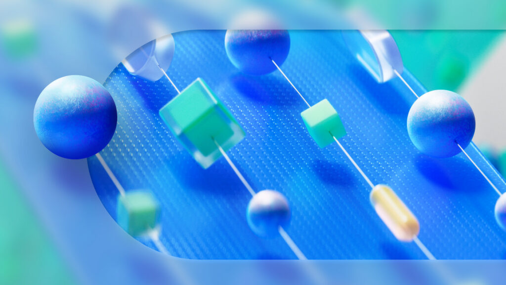 Abstract digital artwork featuring floating spheres, cubes, and cylinders in shades of blue, green, and yellow, arranged along thin rods against a blurred blue and teal background.