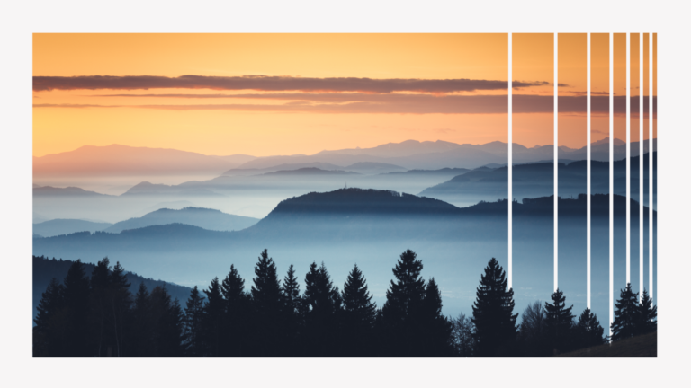 Silhouetted pine trees in front of misty mountains at sunrise, with orange and purple hues. Vertical white lines overlay the right side, partially segmenting the image.