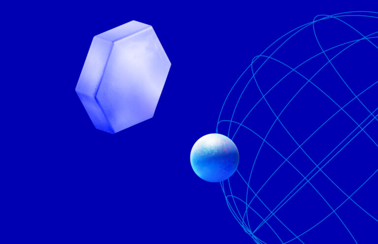 A blue hexagonal prism, a shiny blue sphere, and a wireframe globe are set against a solid blue background.