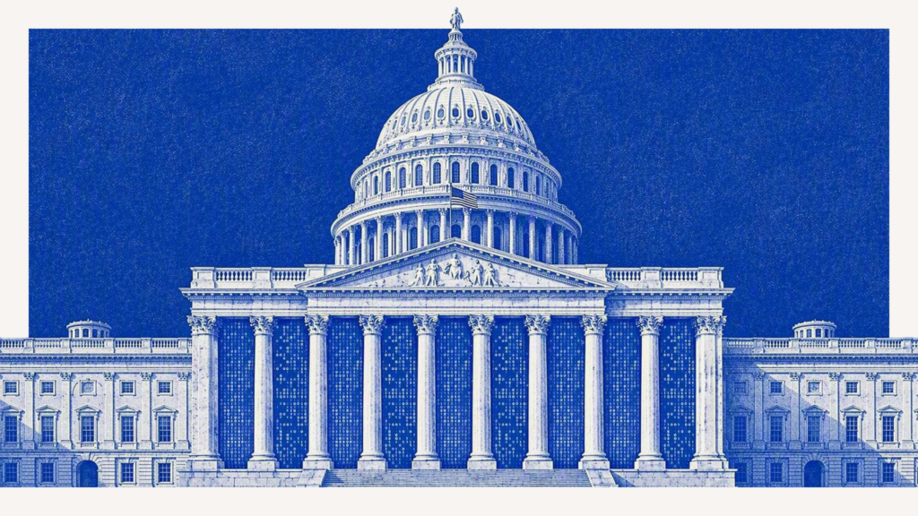 Illustration of the United States Capitol building, featuring its iconic dome, columns, and detailed facade, presented in blue tones.