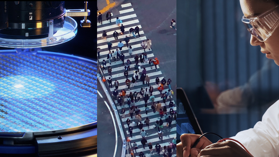 A silicon wafer under a microscope, a crowded crosswalk from above, and a person in safety glasses using electronic equipment, shown side by side.