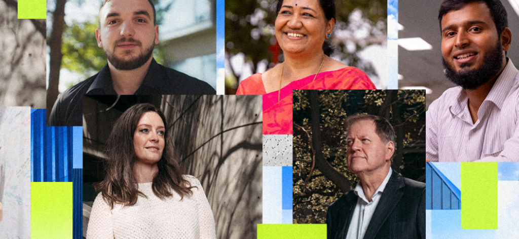 A collage of five people—three men and two women—of different ages and backgrounds, each smiling or looking thoughtful, set against colorful geometric shapes and varied outdoor backgrounds.