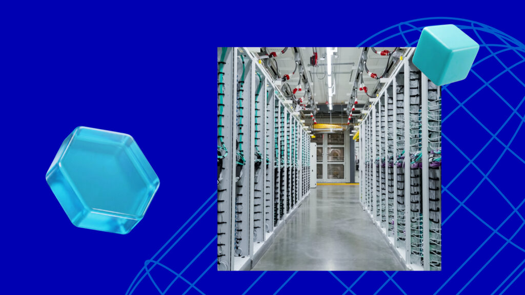 A brightly lit data center aisle with rows of server racks, set against a blue background with geometric shapes and a globe outline.
