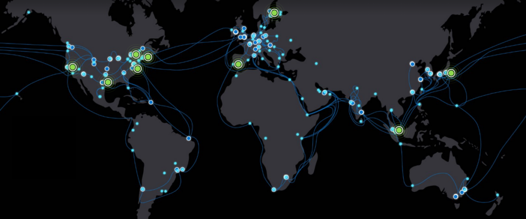 A map of the world showing a network of interconnected blue lines and glowing points representing global data hubs.